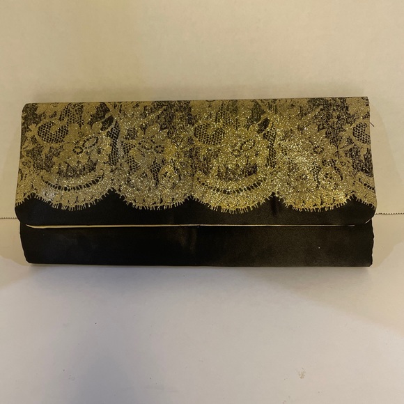 Black Satin with Gold Like Lace Clutch Bag - Picture 1 of 5